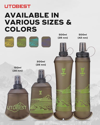 500ml Soft Flask, 2 Pack Flexible TPU Hydration Water Bottle, Collapsible with 28mm Caliber for Running, Hiking, Cycling, Climbing, and Marathon Green