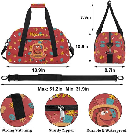 Personalized Duffel Bag for Kids Girls Boys, Dinosaur Police Car Custom Name Gym Bag Overnight with Padded Handles Carry On Weekend Sports Travel Bag for School Practice Gymnastics Ballet