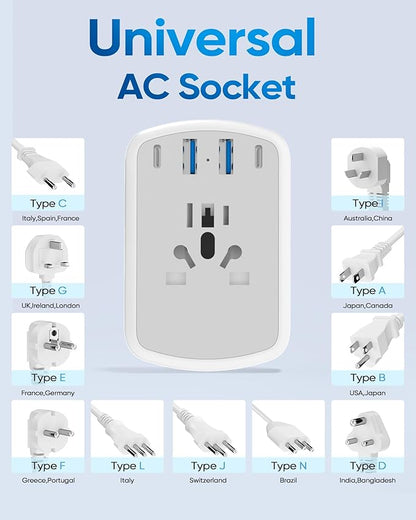 Universal Travel Adapter, Type A/C/G/I Plug Adapter, 5ft Detachable Extension Cord, 3 AC Outlets, 4 USB Ports (2 USB C), UK Europe Australia International Power Adapter