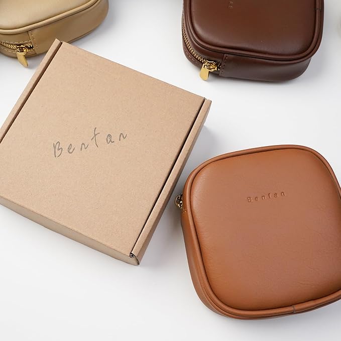 Leather Cosmetic Bag for Women Small Zipper Makeup Bag for Purse Waterproof Travel Makeup Organizer Charger Storage Pouch Color Brown