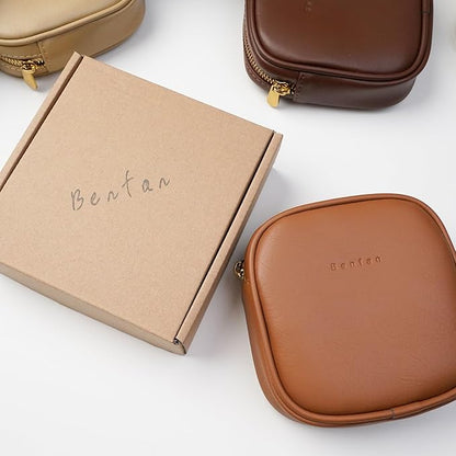 Leather Cosmetic Bag for Women Small Zipper Makeup Bag for Purse Waterproof Travel Makeup Organizer Charger Storage Pouch Color Brown