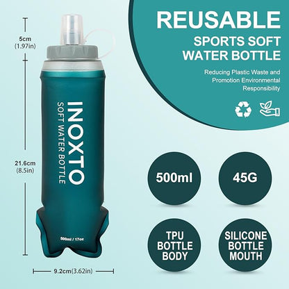 INOXTO Soft Flask,Collapsible Soft Water Bottles for Hydration Vests and Running Packs, Soft Flask Running Bottles for Hiking Cycling(250/500 ml) (2 PCS 500ML)