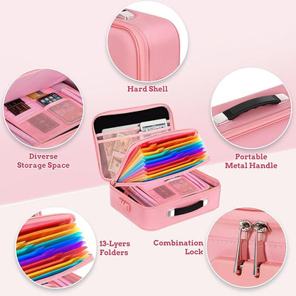 BlackSmith Fireproof Document Box, 4200°F Heat Resistant & Waterproof Hard Case 13 Layers File Organizer with Lock, Portable Safe for Important Documents, Certificates, Travel Use-Pink