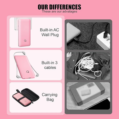 Q 10000mAh Power Bank, Slim Portable Charger,4 Output External Battery Pack with Built-in AC Wall Plug Micro USB C 3 Cables Compatible with iPhone Samsung Android Phone Tablet and More