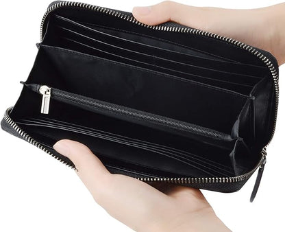 VISOUL Leather Long Zippered Pouch Wallet for Men with RFID Blocking, Large Carbon Fiber Leather Clutch Cash Long Wallet with Zipper (Black+Black)