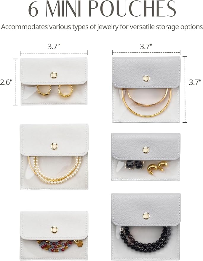 Popvibe Small Jewelry Travel Case for Women Mini Jewelry Box Organzier Traveling with 6 Jewelry Pouch Small Jewelry Bags, Leather Travel Size Jewelry Organizer Bag for Earrings Necklace, Blue Gray