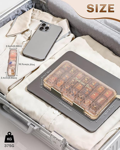 Weekly Pill Organizer 3x a Day - 7 Day Pill Box with 21 Compartments (Morning/Noon/Night), BPA-Free Daily Pill Case, Portable Medicine Organizer for Vitamins, Supplements & Medication【Upgrade】 (Brown)
