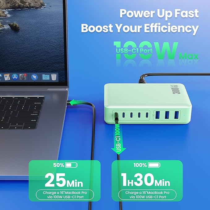 USB C Charger 300W USB C Charger Block, 8-Ports GaN IV Fast Charging Station Hub,PD 100W Laptop Charger Adapter,for MacBook Pro/Air/iPad/iPhone16/15/14/Apple Watch/DELL/Samsung for Home Office