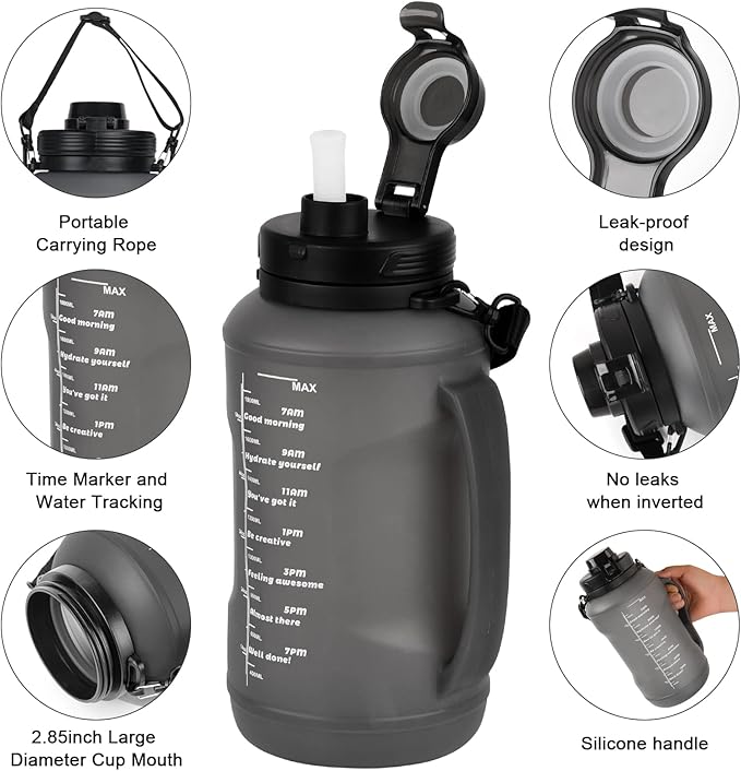 Collapsible Water Bottles, 2L/64OZ travel water bottle Bottle with Straw, Half Gallon Large Water Bottle for Travel Outdoor Sports Runing Fitness Yoga (Upgraded black)