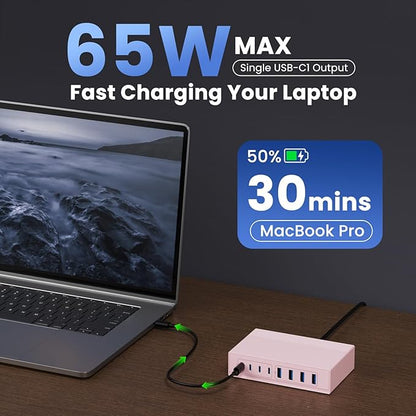 200W USB C Charger Block, 8-in-1 GaN III USB C Fast Charging Station Hub, PD 65W Laptop Adapter Travel Charging for MacBook Pro/Air/Dell XPS/iPhone 16/15/14/iPad/Galaxy S24 (Pink)