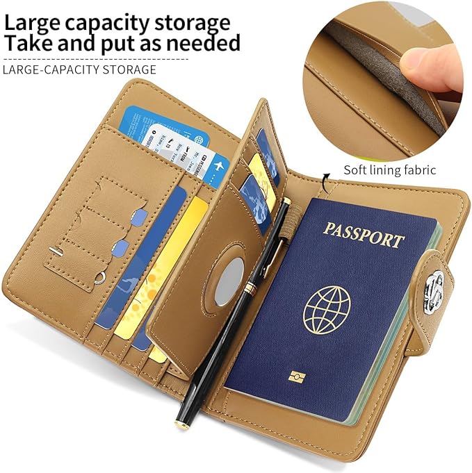Passport Holder Wallet Bag with AirTag Holder, Card Slots and Passport Solt Ticket Cash Solt, Photo Solt Sim Card Pen Slot.Apricot
