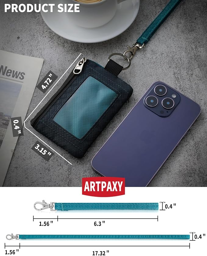 Minimalist Wallet For Mens Womens, Keychain RFID Blocking Zipper Small Wallet with ID Window 2 Lanyards,Water Resistant Travel Cash Card Coin Case Boys Girls