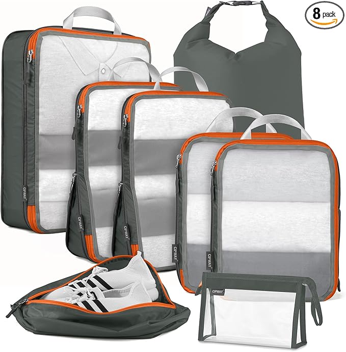 Cipway Compression Packing Cubes Mesh, Lightweight Luggage Organizer Bags with Laundry Bag, Toiletries Bag and Shoe Bag, Travel Essentials for Carry on Suitcase（8 Pcs,Grey）