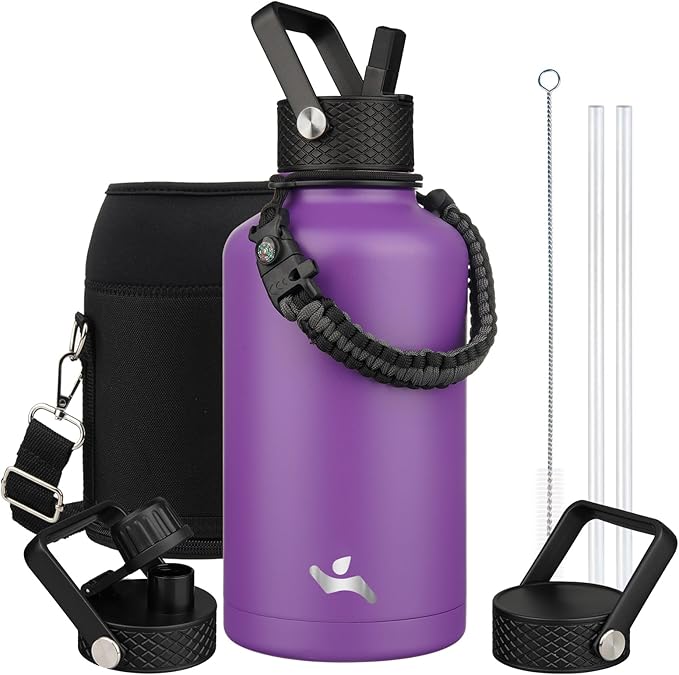 Half Gallon Insulated Water Bottle with Straw,64 oz 3 Lids Water Jug with Carrying Bag,Paracord Handle,Double Wall Vacuum Stainless Steel Metal Flask,Purple