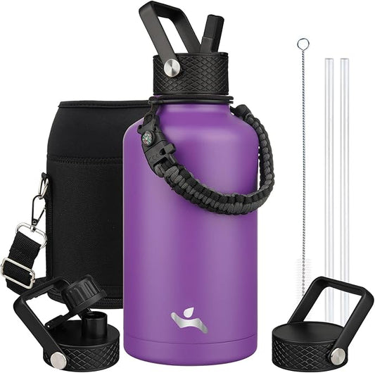 Half Gallon Insulated Water Bottle with Straw,64 oz 3 Lids Water Jug with Carrying Bag,Paracord Handle,Double Wall Vacuum Stainless Steel Metal Flask,Purple
