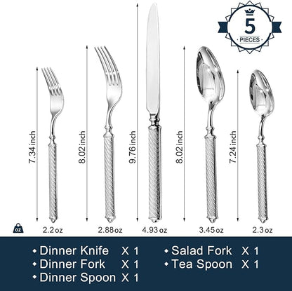 KINGSTONE Retro Rope-Pattern Silverware Set, 5-Piece Flatware Set Cutlery Set Forged with Handcrafted Texture Handles 18/10 Stainless Steel, Dishwasher Safe