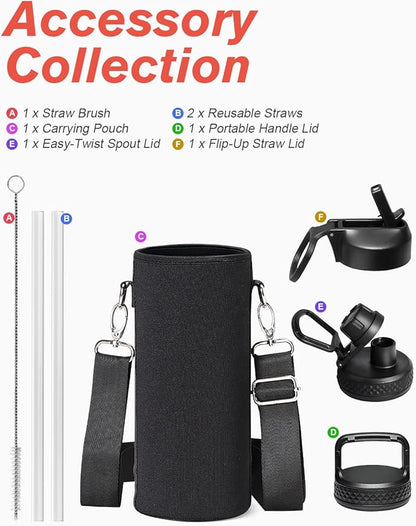 Coolflask Water Bottle 40 oz Insulated with Straw, Stainless Steel Metal 3 Lids Water Flask for Sports or Office, Keep Cold 48H Hot 24H, White