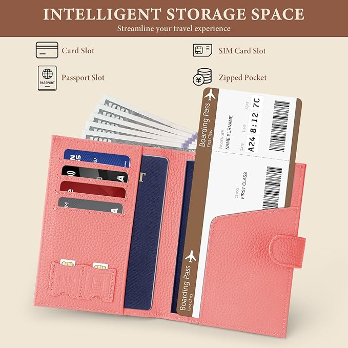 Genuine Leather Passport Holder for Women Men, Hidden Airtag Pocket, RFID Blocking, Zippered Coins Pocket & Cash Compartment Travel Gifts Essentials Passport Cover Case - Hot pink