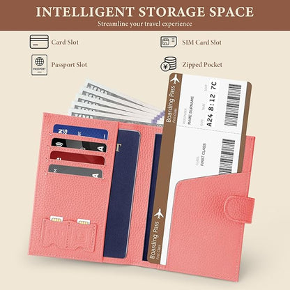 Genuine Leather Passport Holder for Women Men, Hidden Airtag Pocket, RFID Blocking, Zippered Coins Pocket & Cash Compartment Travel Gifts Essentials Passport Cover Case - Hot pink