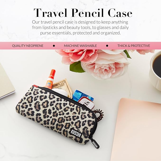 KUSSHI Neoprene Zipper Makeup Brush Pouch and Travel Pencil Case for Beauty Tools, Pencils, Brushes & Small Accessories - Makeup Brush Bag Pouch for Organization and Travel Items (Leopard/Red)