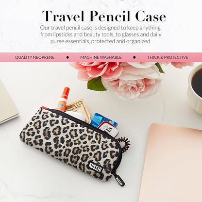 KUSSHI Neoprene Zipper Makeup Brush Pouch and Travel Pencil Case for Beauty Tools, Pencils, Brushes & Small Accessories - Makeup Brush Bag Pouch for Organization and Travel Items (Leopard/Red)