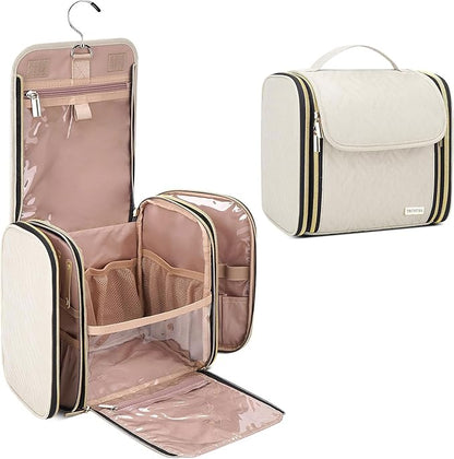 Hanging Toiletry Bag & Makeup Bag for Women with Jewelry Organizer - TSA Approved Large Capacity Travel Cosmetic Organizer, Waterproof Shower Essentials Case with Transparent Pockets, Beige