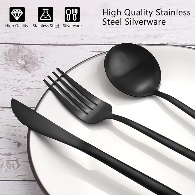 Matte Black Silverware Set, VANVRO 60-Piece Stainless Steel Flatware Set, Satin Finish tableware Cutlery Set, Service for 12, Home and Restaurant, Dishwasher Safe