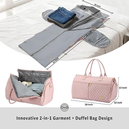STOVER Women’s Convertible Garment Duffel Bag for Travel – 2-in-1 Carry-On Weekender/Overnight Tote - Wrinkle-Free Dresses, Hanging Suits & Clothes Plus Shoe Compartment & Bonus Toiletry Bag (Pink)