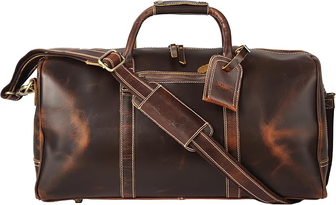 KomalC Leather Duffel Bags for Men and Women, Full Grain Buffalo Leather, Dark Tan, 20 Inch