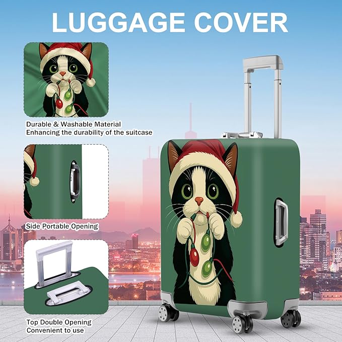 ANNA QUEEN Christmas Cat Luggage Cover, Cute Santa Cat with Light String Suitcase Protector, Stretchable Washable Travel Sleeve for 32-34 Inch Luggage