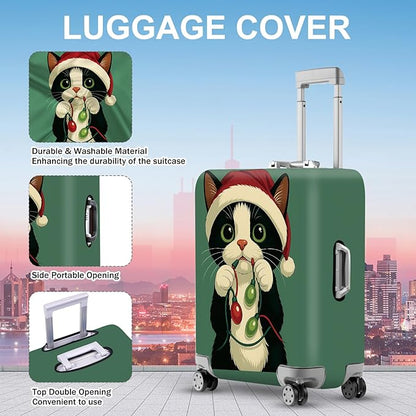 ANNA QUEEN Christmas Cat Luggage Cover, Cute Santa Cat with Light String Suitcase Protector, Stretchable Washable Travel Sleeve for 24-26 Inch Luggage