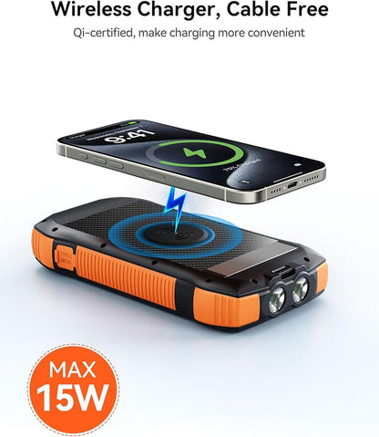 Solar Charger Power Bank, 40000mAh Wireless Portable Charger QC3.0 PD 20W Fast Charging with USB-C in/Output, External Battery Pack with Dual Flashlights Hiking Camping Essential