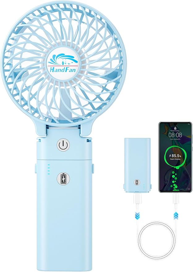 HandFan 5200mAh Handheld Fan Rechargeable, 20H Runtime Hand Fan, 3 Speeds Strong Airflow, Personal 180° Foldable Portable Fans for Travel/Summer/Concerts/Lash/Commute, Gifts for Women (Blue)