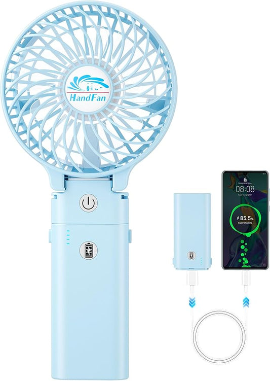 HandFan 5200mAh Handheld Fan Rechargeable, 20H Runtime Hand Fan, 3 Speeds Strong Airflow, Personal 180° Foldable Portable Fans for Travel/Summer/Concerts/Lash/Commute, Gifts for Women (Blue)