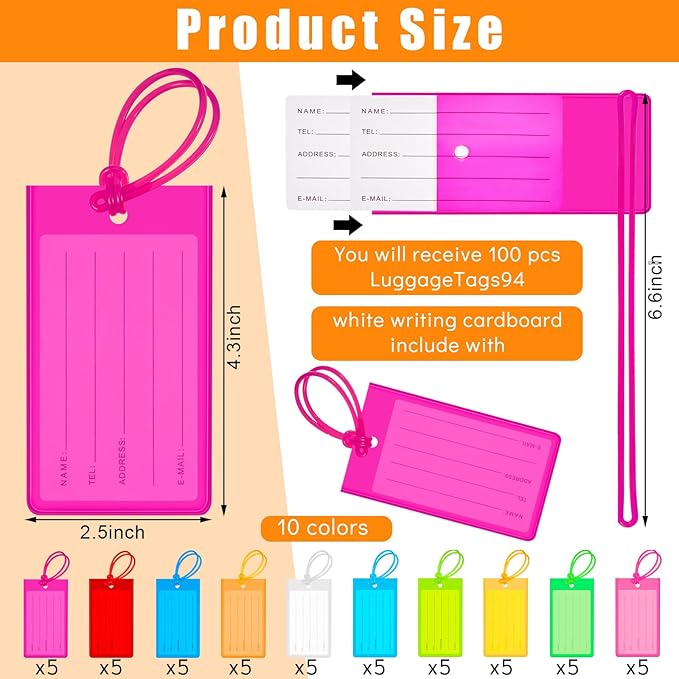 Sumind 50 Pcs Plastic Luggage Tags Assorted Name Identification Labels Flexible Suitcase Tags for Travel Baggage, 10 Colors (Plastic)