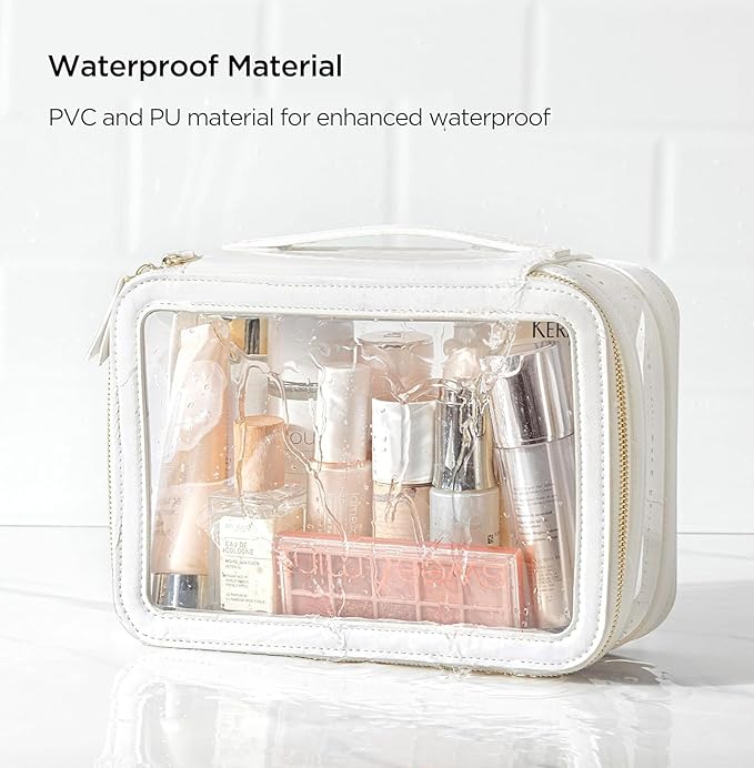 HBlife Clear Makeup Bag Organizer, Portable Travel Toiletry Cosmetic Case for Women, Large Make Up Bag Makeup Train Case Transparent Storage Pouch with Handle(White)