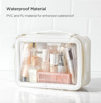 HBlife Clear Makeup Bag Organizer, Portable Travel Toiletry Cosmetic Case for Women, Large Make Up Bag Makeup Train Case Transparent Storage Pouch with Handle(White)