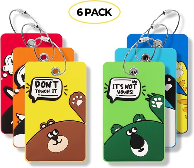 6PCS Unique Cute Animal Luggage Tags with Smile Reminder,Bright Silicone,Includes Name Cards with Full Privacy Cover & Stainless Steel Loops,Funny Suitcase Identify Labels for Women Men Kids