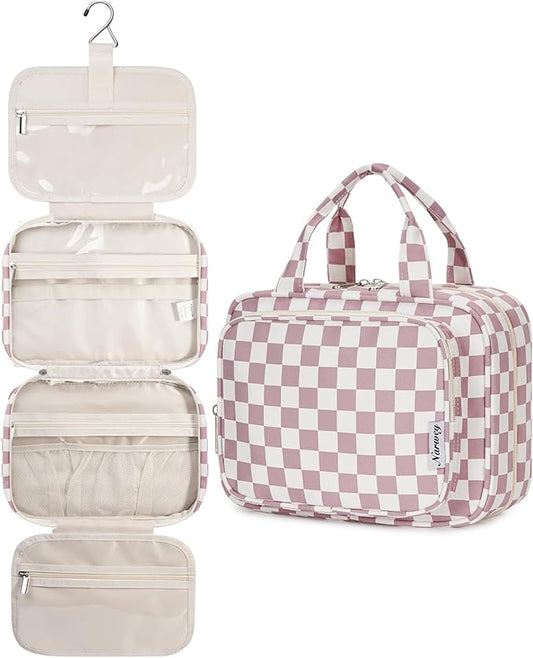 Narwey Hanging Toiletry Bag for Women Travel Makeup Bag Organizer Toiletries Bag for Travel Size Essentials Accessories Cosmetics (Dusty Pink Checkerboard (Medium))