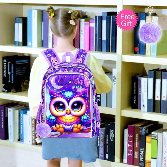 WZLVO 3PCS Backpack for Girls, 16" Kids Owl Preschool Bookbag with Lunch Box，Cute Animal Water Resistant School Backpacks Set for Elementary Kindergarten