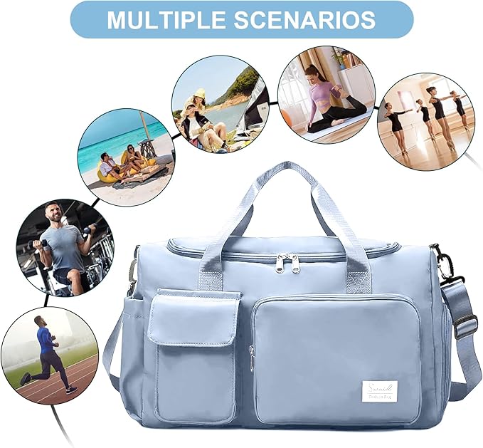 Gym Bag for Women Men, Travel Duffle Bag Large Capacity Carry On Weekender Bag With Shoe Compartment Gym Tote Dry Wet Separation Duffel Bag with Makeup Bag, Blue