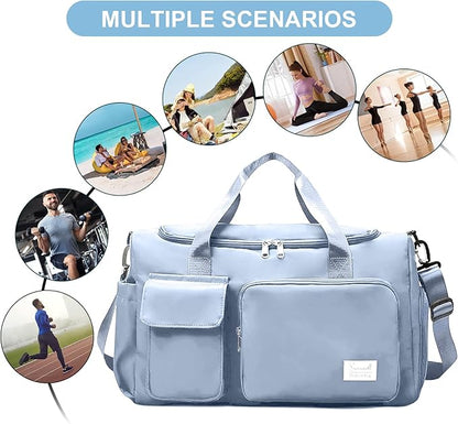 Gym Bag for Women Men, Travel Duffle Bag Large Capacity Carry On Weekender Bag With Shoe Compartment Gym Tote Dry Wet Separation Duffel Bag with Makeup Bag, Blue