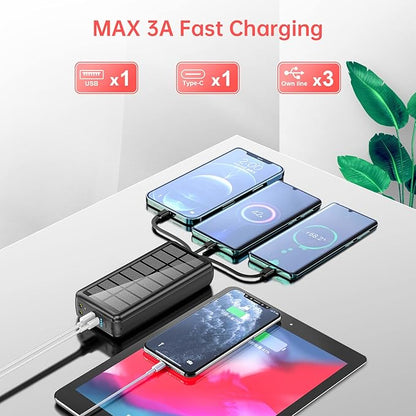 Portable Charger with Built in Cable and Wall Plug 50000mAh PD30W Fast Charging Solar Power Bank with 5 Output & 2 Input Dual LED Flashlights Phone Holder External Battery Pack (Black)