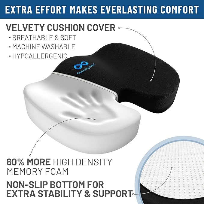 Everlasting Comfort Doctor Recommended Memory Foam Seat Cushion for Office Chairs & Car - Ergonomic Office Desk Accessories - Cushions for Tailbone Pain Relief, Sciatica & Back Support Pillow