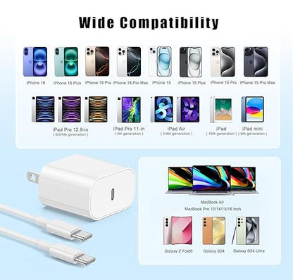 USB C Charger for iPhone 16/15 Charger Fast Charging，20W USB C Wall Charger Block Travel Plug with 60W Type C to C Charger Cable Fast Charging for iPhone 16/16 Pro Max/iPhone 15/iPad Pro/Air/Mini