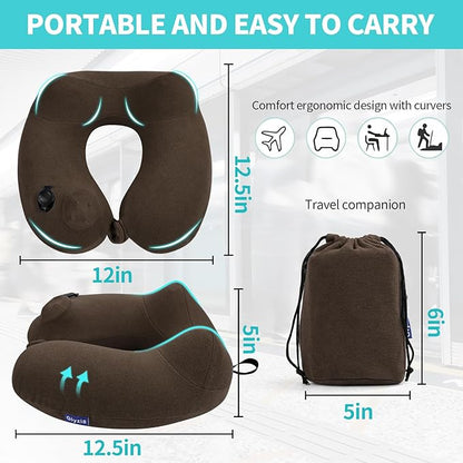 2 Pack Inflatable Travel Neck Pillows for Airplanes, Head Support Velvet Adult Neck Pillows for Long Flight, Kit with Eye Mask, Earplugs and Storage Bag, 2, Brown