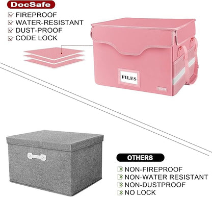 DocSafe Fireproof Document Box with Lock,File Storage Organizer with Zipper Pockets,Collapsible Portable File Box Home Office Safe Filing Cabinet with Handle for Hanging Letter/Legal Folder,Pink