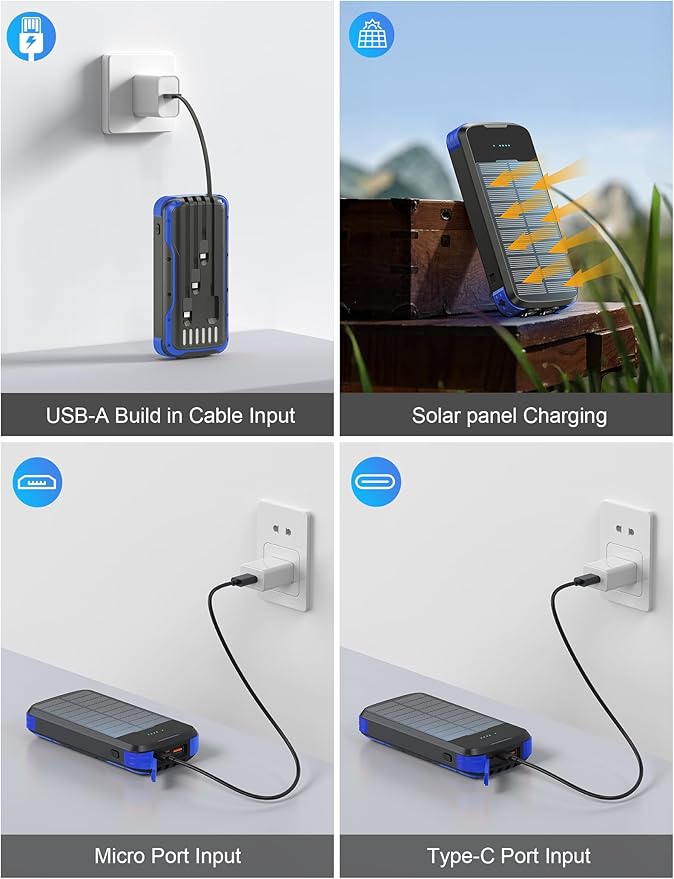 Solar Charger Power Bank, PD 20W Fast Charging External Batter, 40000mAh Portable Phone Charger Built in 4 Cables with Dual Bright Flashlights for Camping, Hiking, and Outdoor Use (Blue)