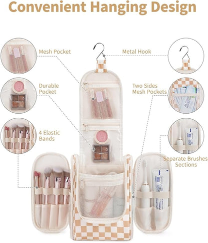 Narwey Small Checkered Hanging Travel Toiletry Bag for Women, Travel Bag for Toiletries, Makeup Bag Organizer Cosmetic Bags Make Up Bags for Women (Light Checkerboard)