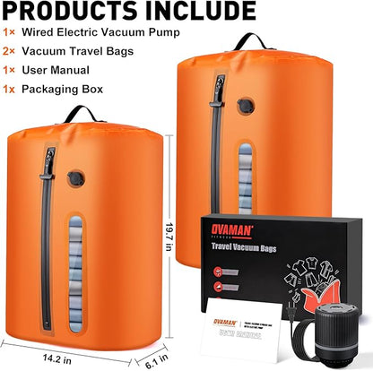 Vacuum Bags for Travel with Pump, Vacuum Packing Cubes for Travelers, Vacuum Seal Bags for Clothing, Reusable IP68 Waterproof Airless Travel Bags for Luggage, Backpack & Suitcase (Orange 2PC + Pump)